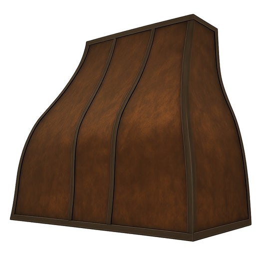 Curved copper range hood with dark trim accents seen from its angle