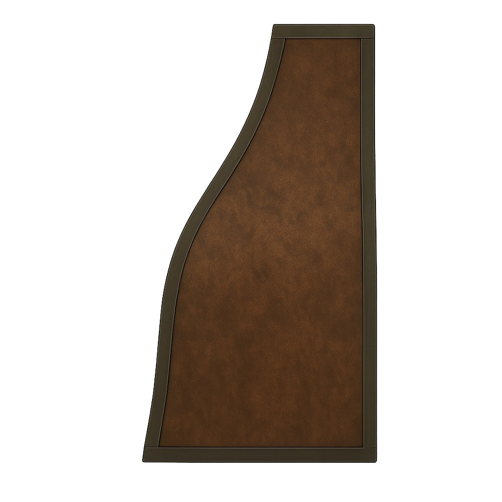 Curved copper range hood with dark trim accents profile view