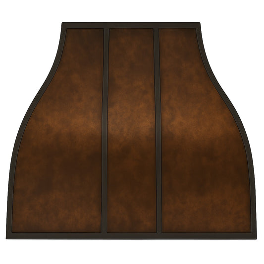 Curved copper range hood with dark trim accents