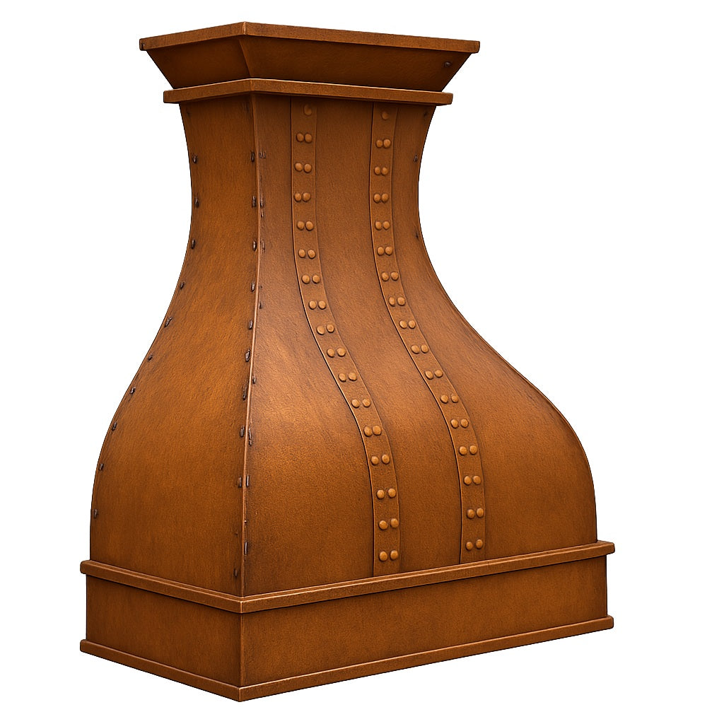 Curved shape copper range hood with smooth design, view from angle showing apron and edge details