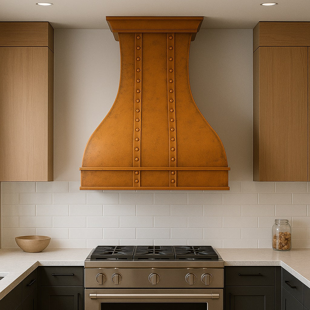 Handcrafted copper range hood with aged patina finish