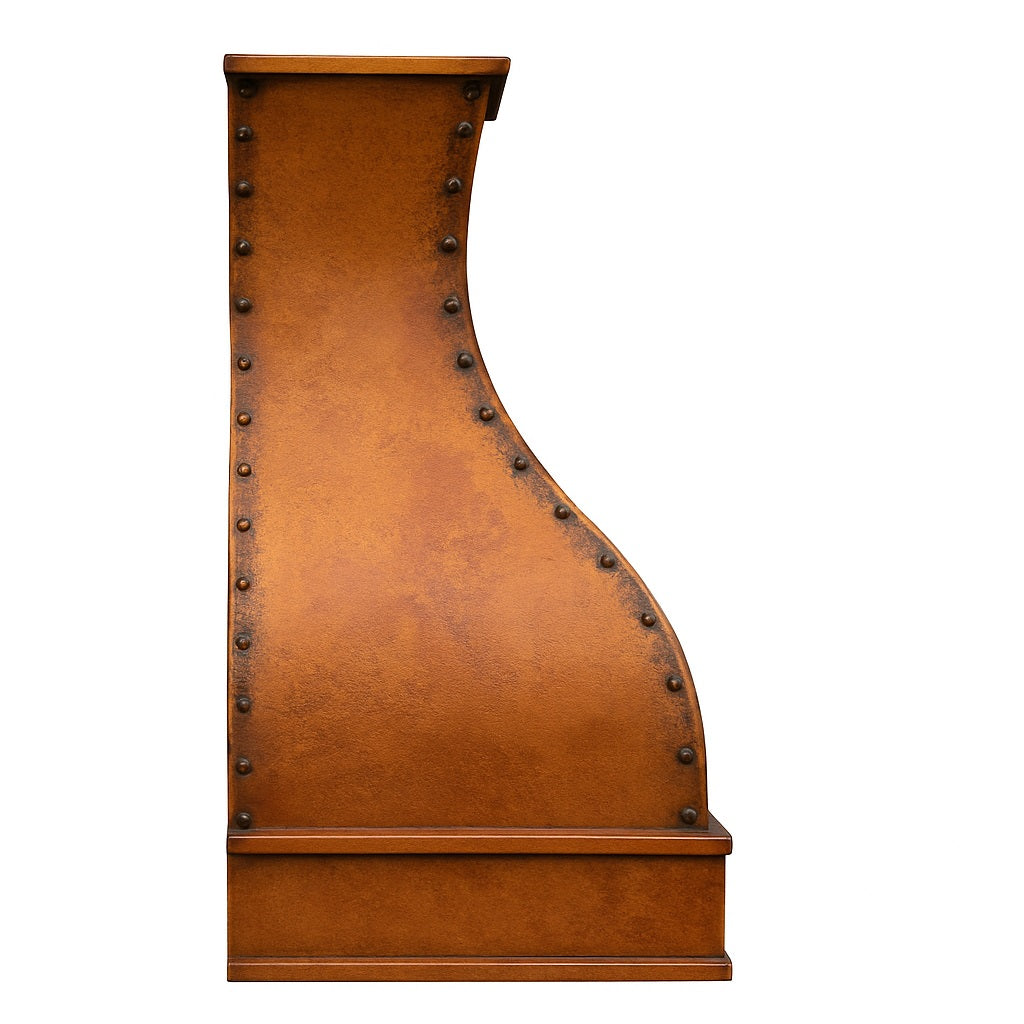 Curved shape copper range hood with smooth design, seen from the side