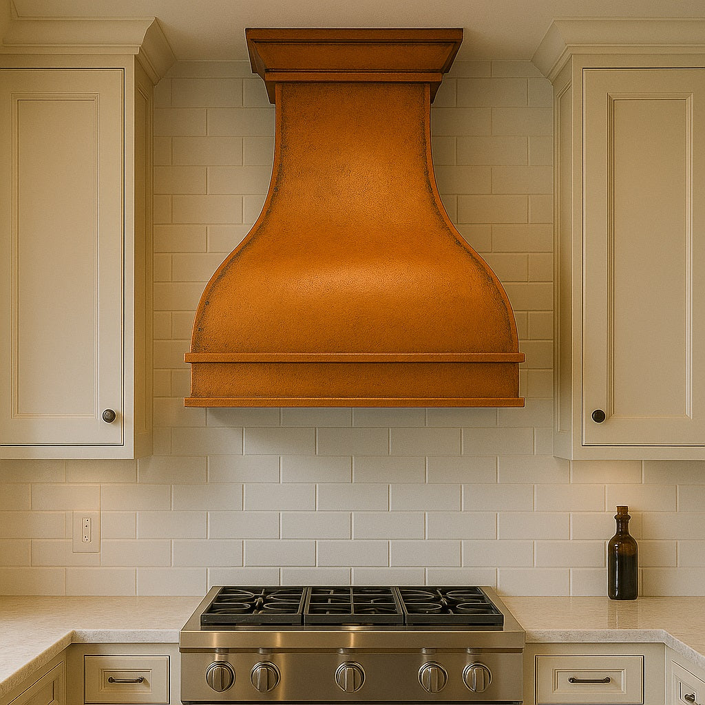 Curved shape copper range hood with smooth design in a transitional designed kitchen