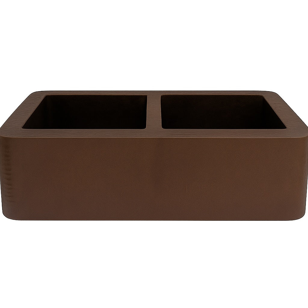 Custom made apron front view of double bowl copper kitchen sink