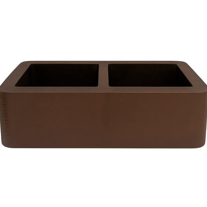 Custom made apron front view of double bowl copper kitchen sink