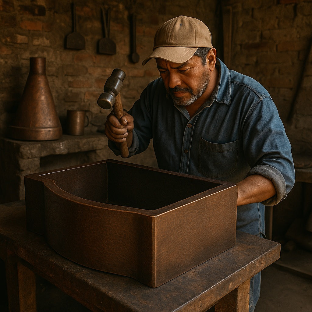 Production of a custom round apron front single bowl copper kitchen sink