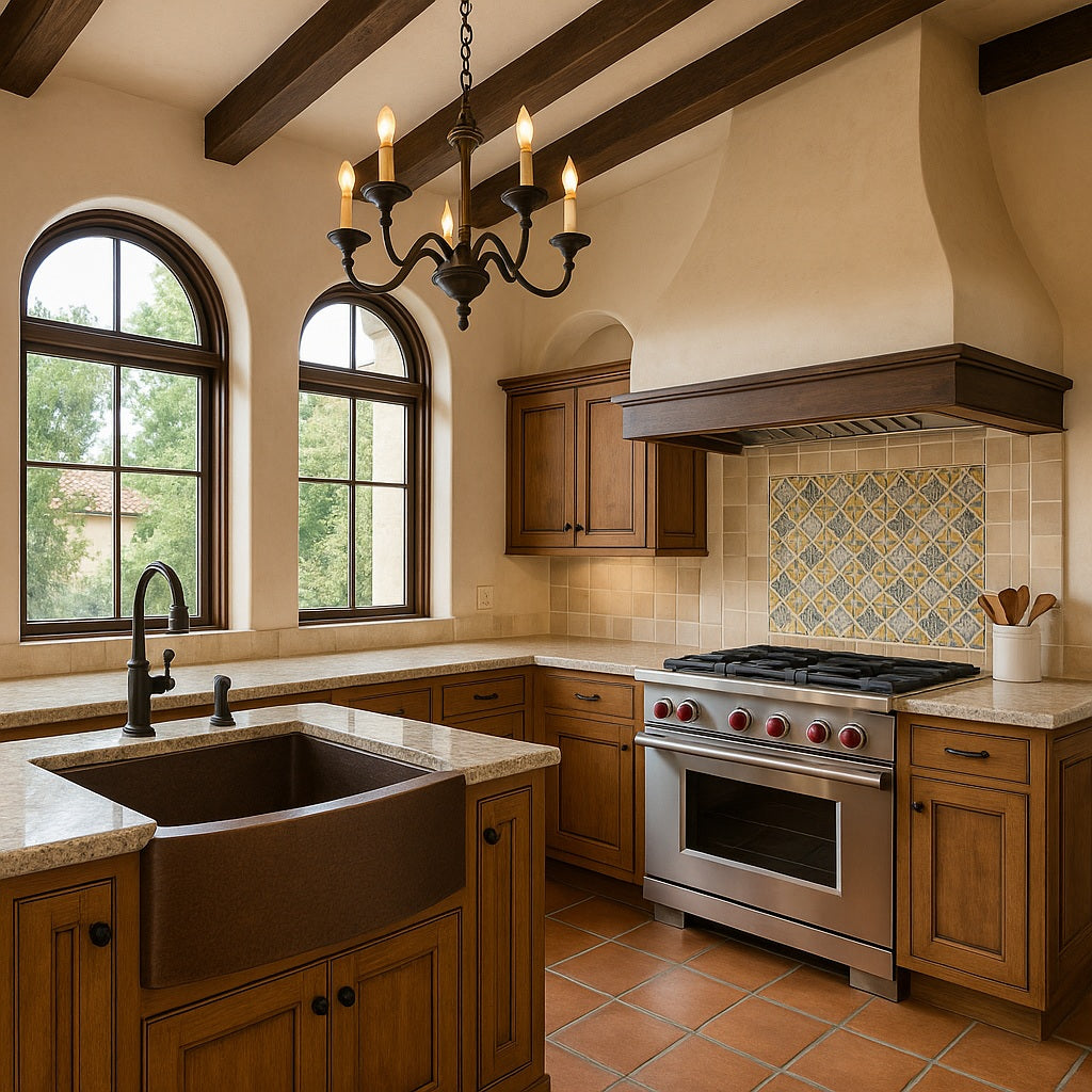 33-inch custom round apron front single bowl copper kitchen sink in a Spanish revival style kitchen