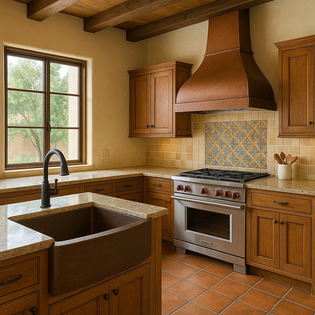 36-inch custom round apron front single bowl copper kitchen sink in a Tuscan kitchen