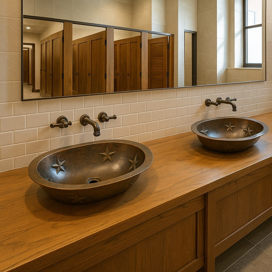 Custom oval copper bathroom sinks with embossed Texas stars in a rustic restaurant bathroom vanity setting