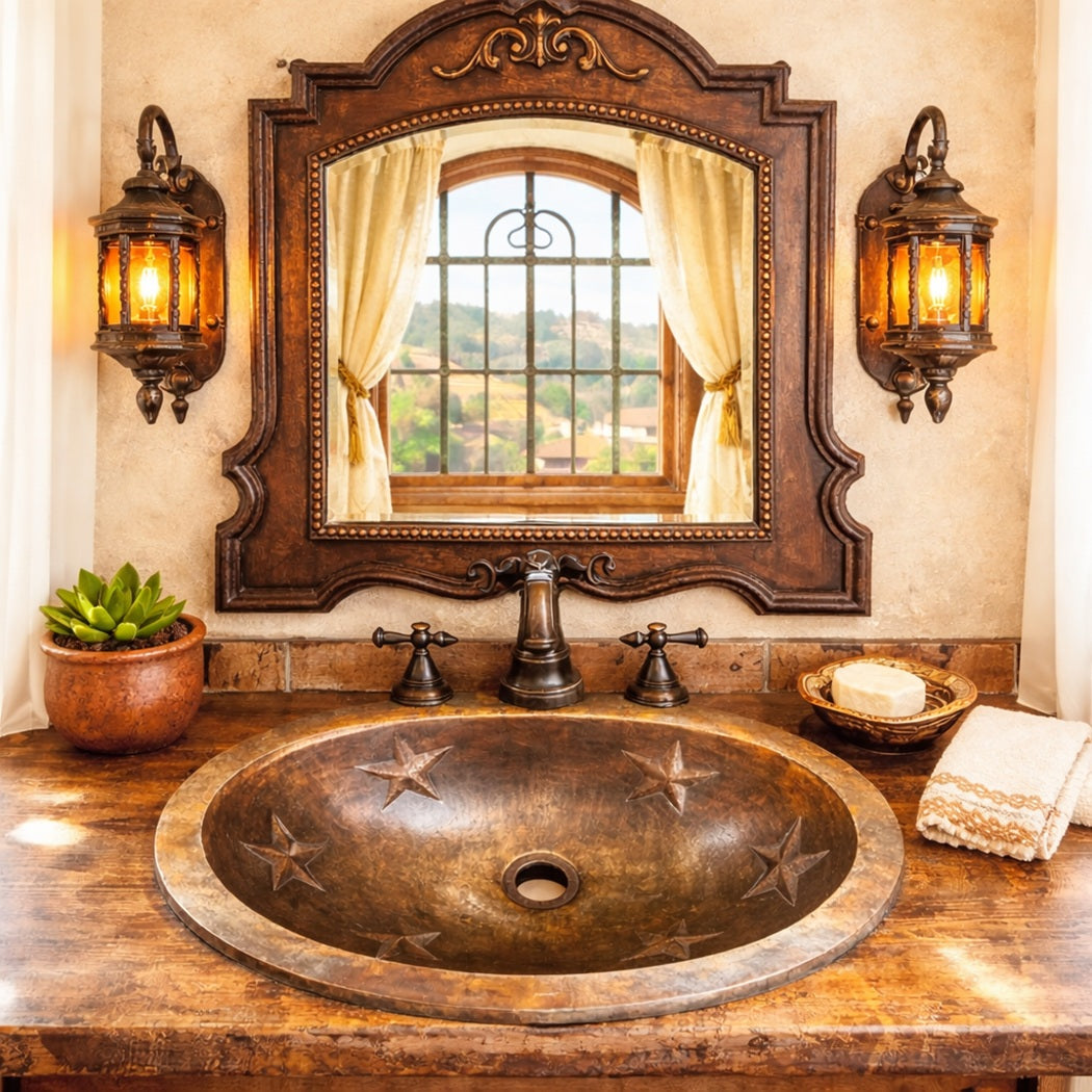 Custom oval copper sinks with embossed Texas stars in a Spanish Hacienda Revival bathroom