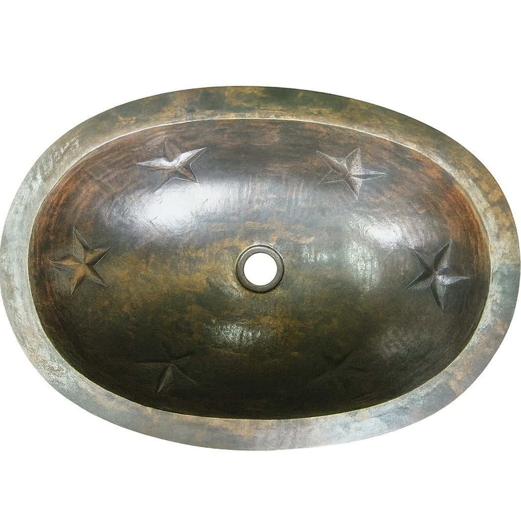Custom oval copper bathroom sink with embossed Texas star motifs
