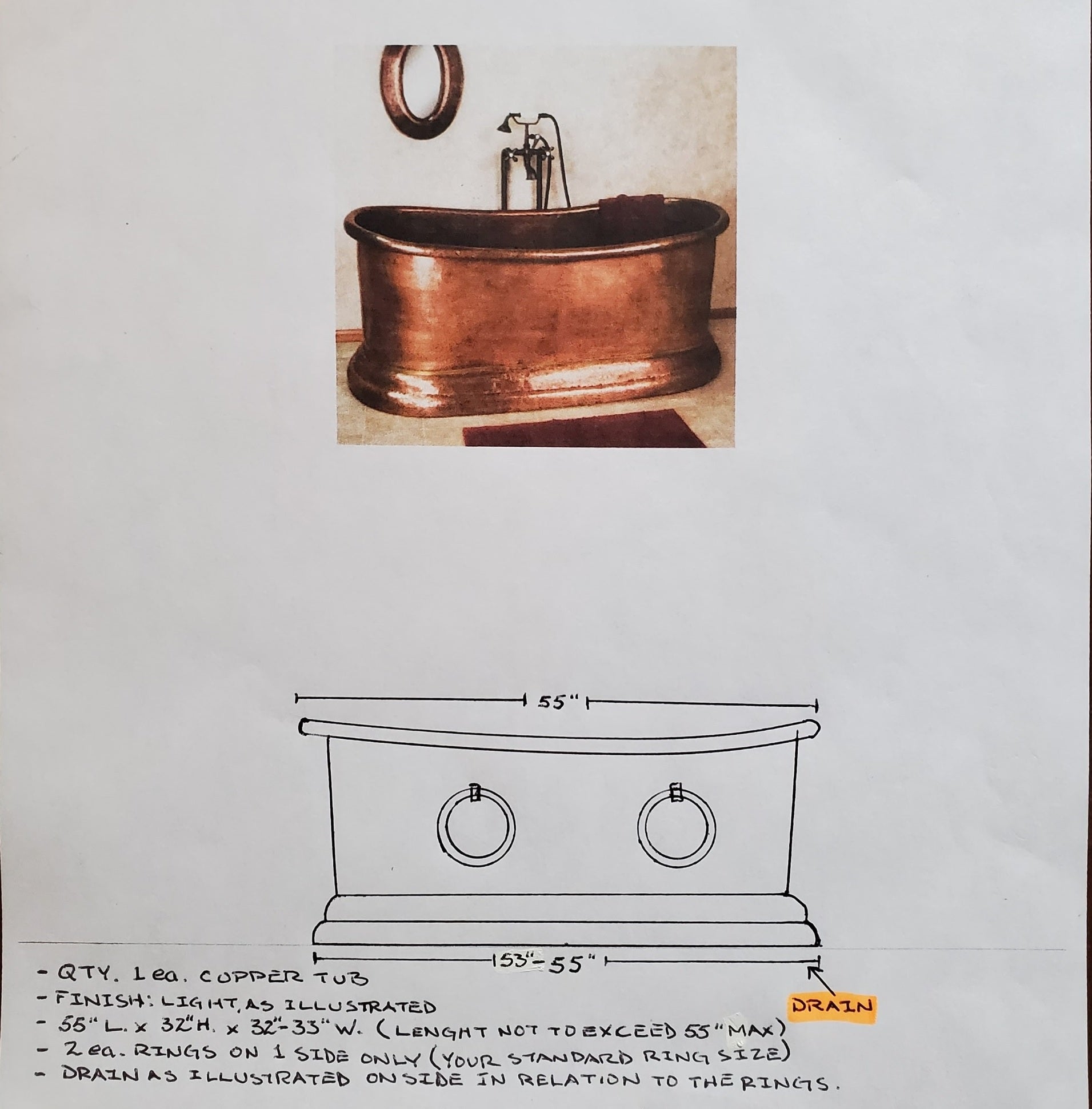 custom copper bathtub with the base