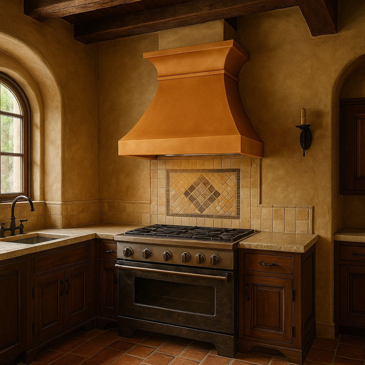 Farmhouse style kitchen with a custom copper range hood with classic bell canopy