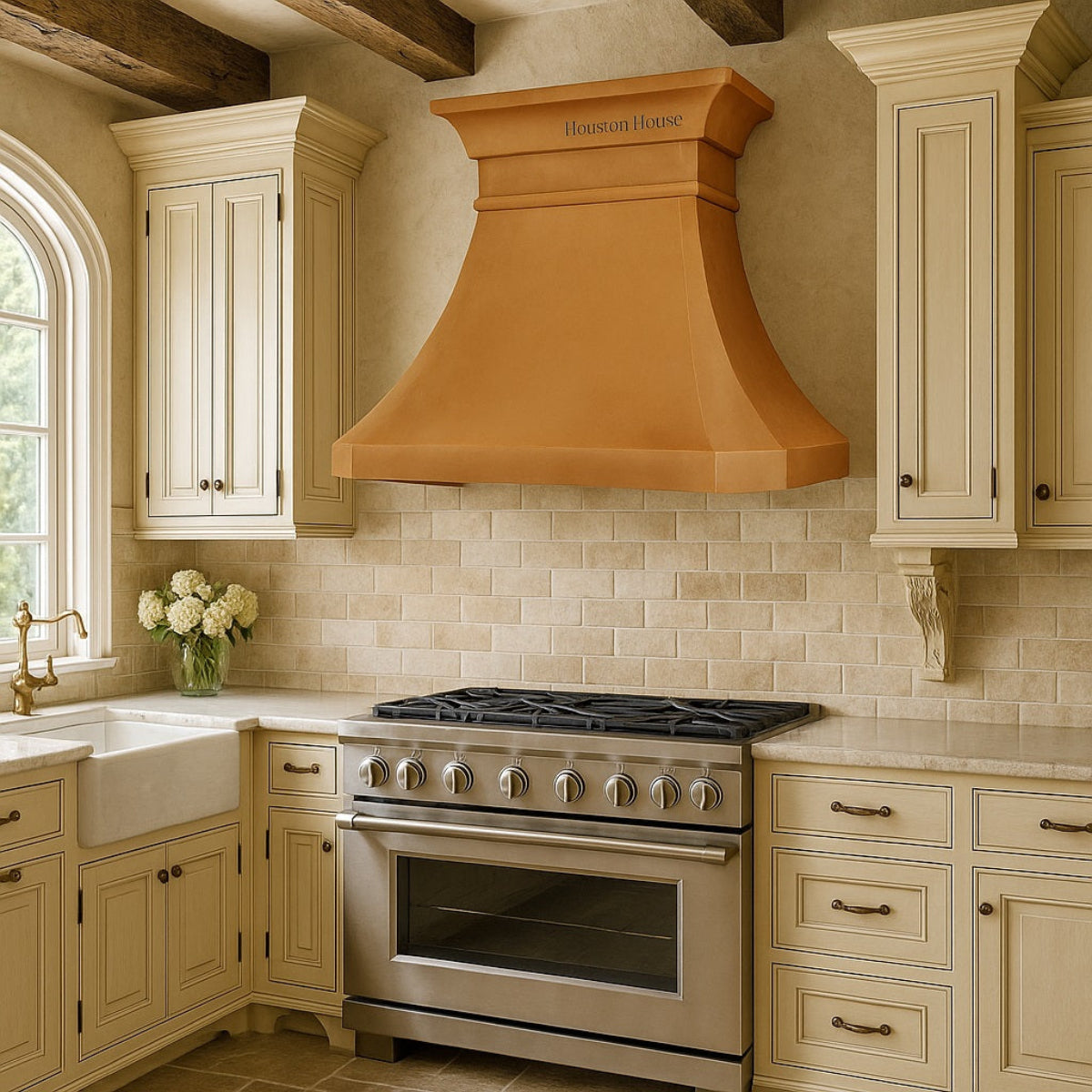 Transitional style kitchen with a custom copper farmhouse range hood with classic bell canopy