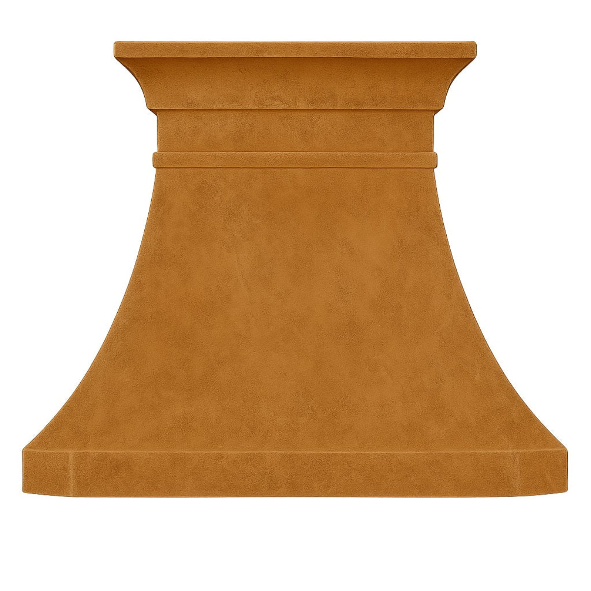 Front view of custom copper farmhouse range hood with classic bell canopy