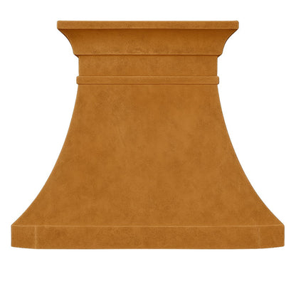 Front view of custom copper farmhouse range hood with classic bell canopy