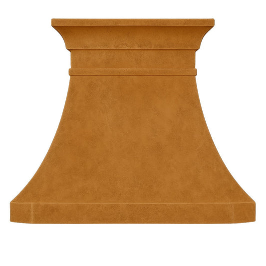 Front view of custom copper farmhouse range hood with classic bell canopy