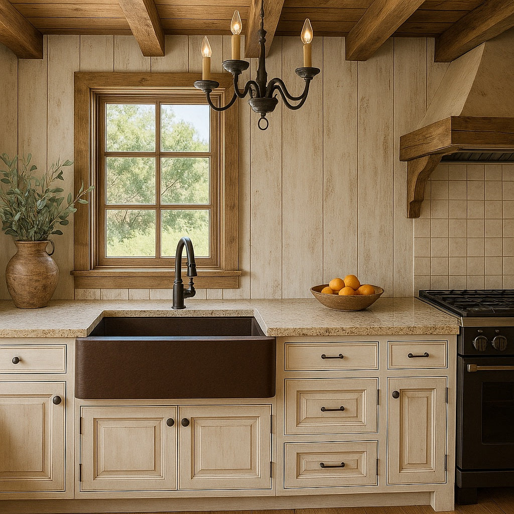 33-inch custom made apron front single bowl copper kitchen sink in a rustic farmhouse kitchen