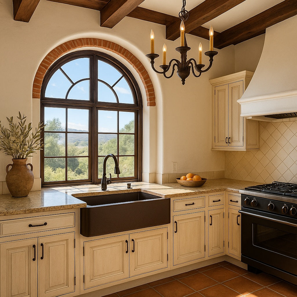 28-inch Custom made apron front single bowl copper kitchen sink in a Spanish colonial style kitchen