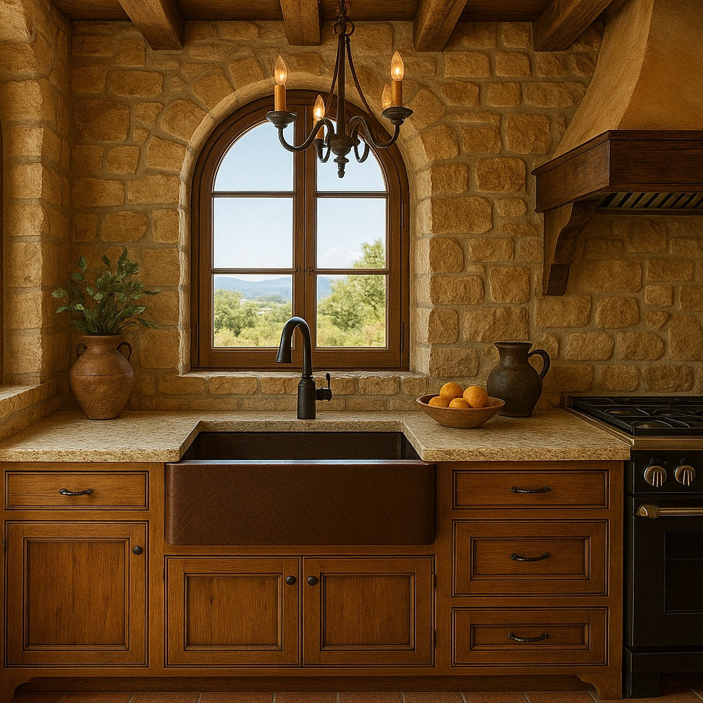 36-inch custom made apron front single bowl copper kitchen sink in a Tuscan style kitchen