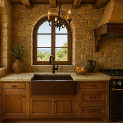 36-inch custom made apron front single bowl copper kitchen sink in a Tuscan style kitchen