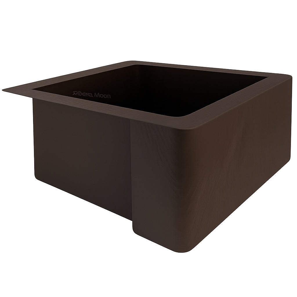 Custom made apron front single bowl copper kitchen sink with a bold farmhouse silhouette 