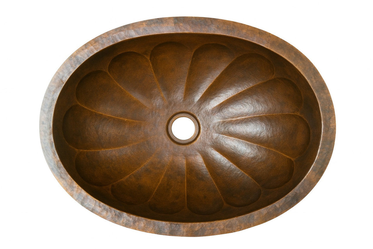 Custom oval copper drop In or undermount bathroom sink with spiral scalloped basin 
