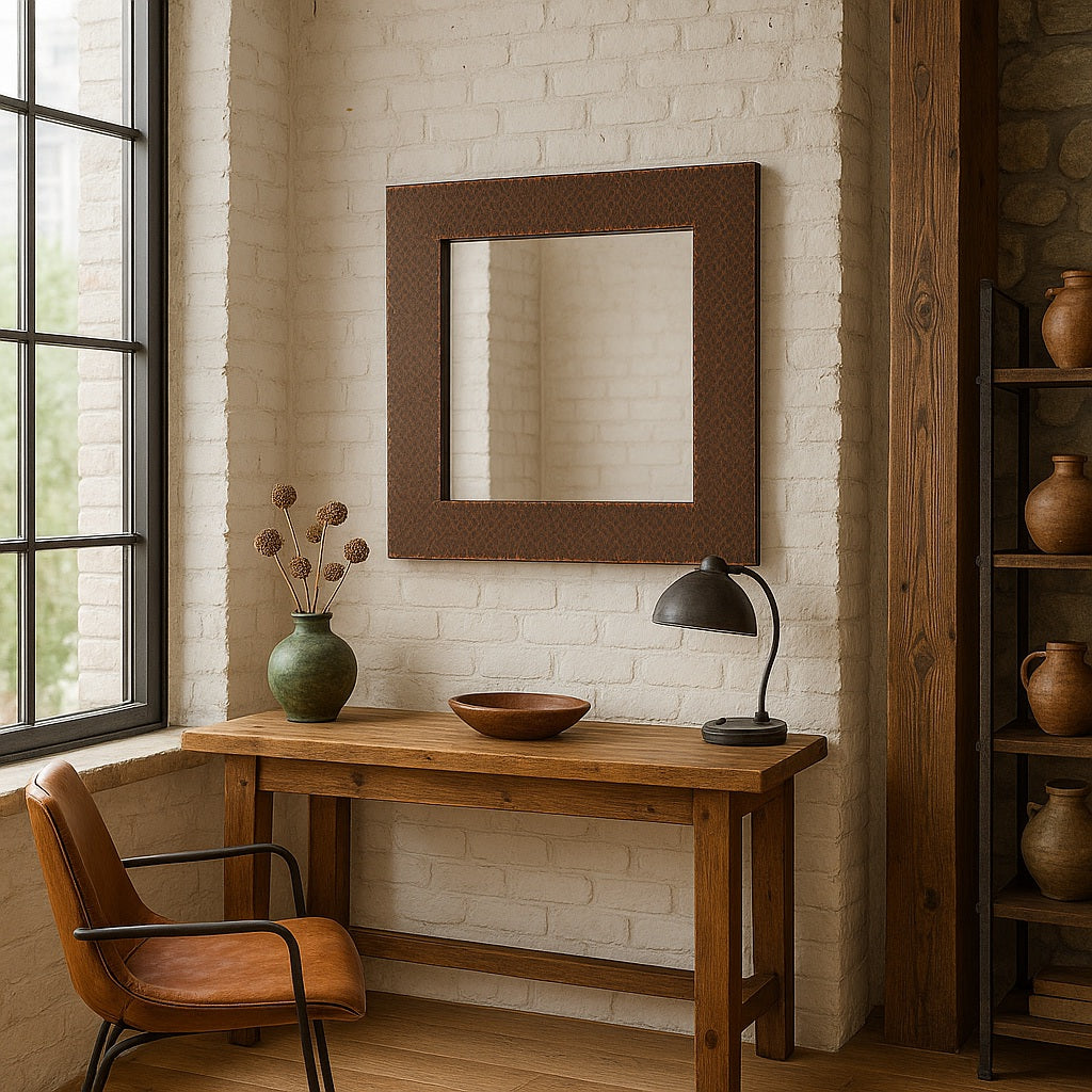 Loft style office with a custom square copper mirror with round center opening hanging on the wall