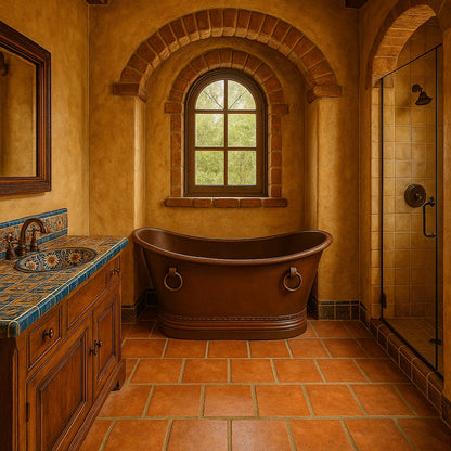 60-inch copper bathtub with decorative rings and slipper silhouette