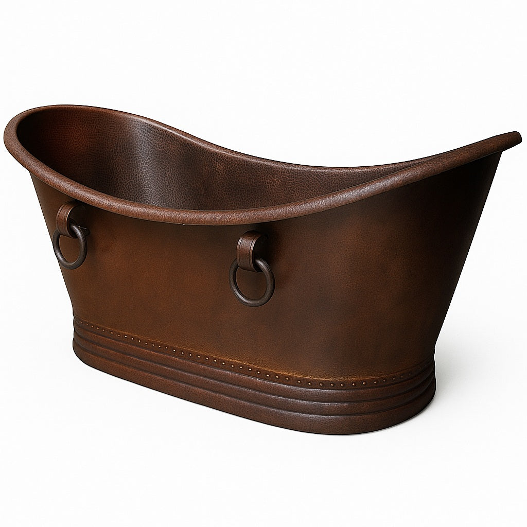 Detailed view of copper bathtub with decorative rings and slipper silhouette