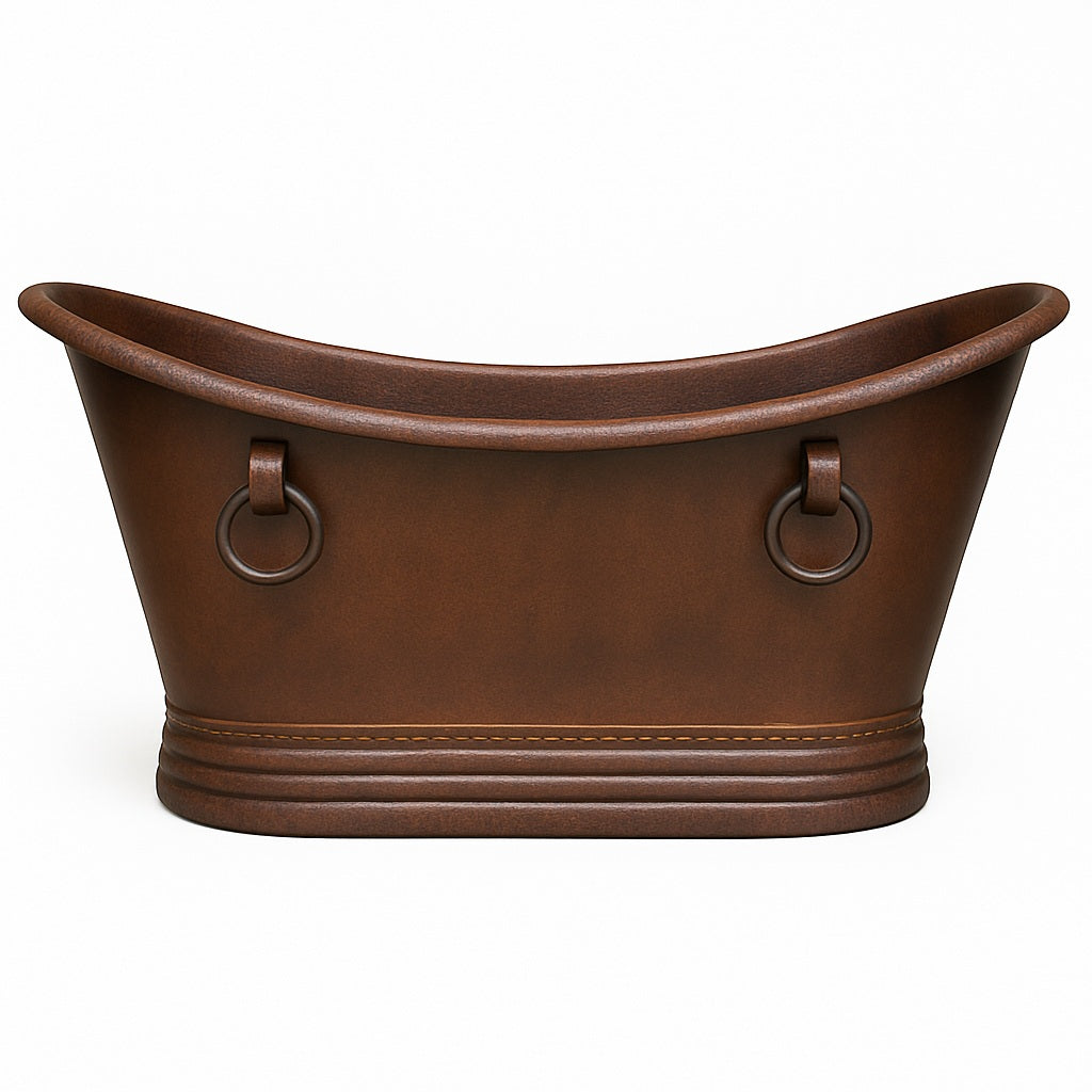 copper bathtub with decorative rings and slipper silhouette