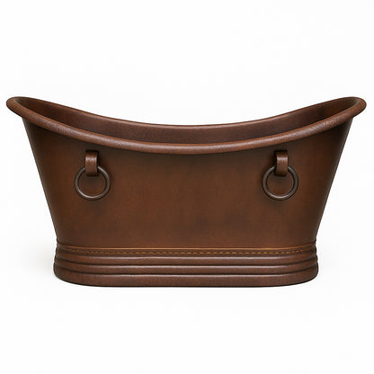 copper bathtub with decorative rings and slipper silhouette