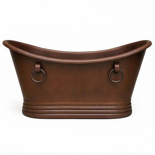 copper bathtub with decorative rings and slipper silhouette