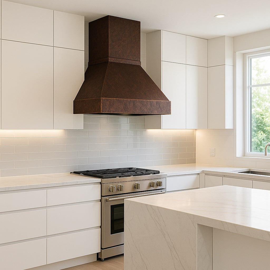 Deep hammered copper range hood with trapezoid shape in a contemporary style kitchen