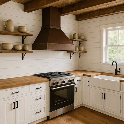 Deep hammered copper range hood with trapezoid shape in a rustic kitchen