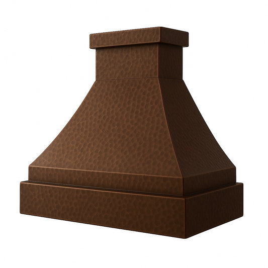 Deep hammered copper range hood with trapezoid shape side view