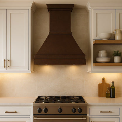 Deep hammered copper range hood with trapezoid shape in a transitional style kitchen
