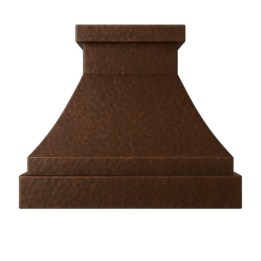 Deep hammered copper range hood with trapezoid shape front view