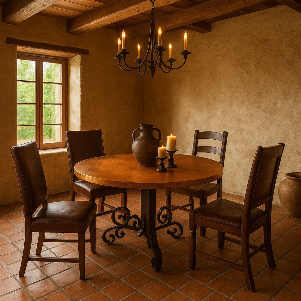 Dining room with a colonial copper table with hand-forged iron base