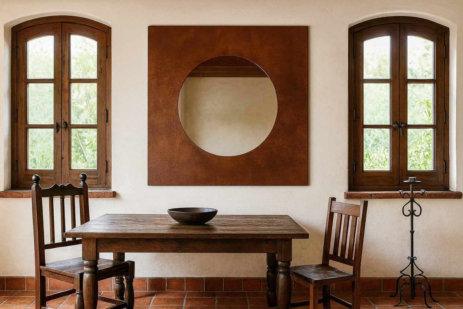 Spanish colonial dining room with a custom square copper mirror with round center opening