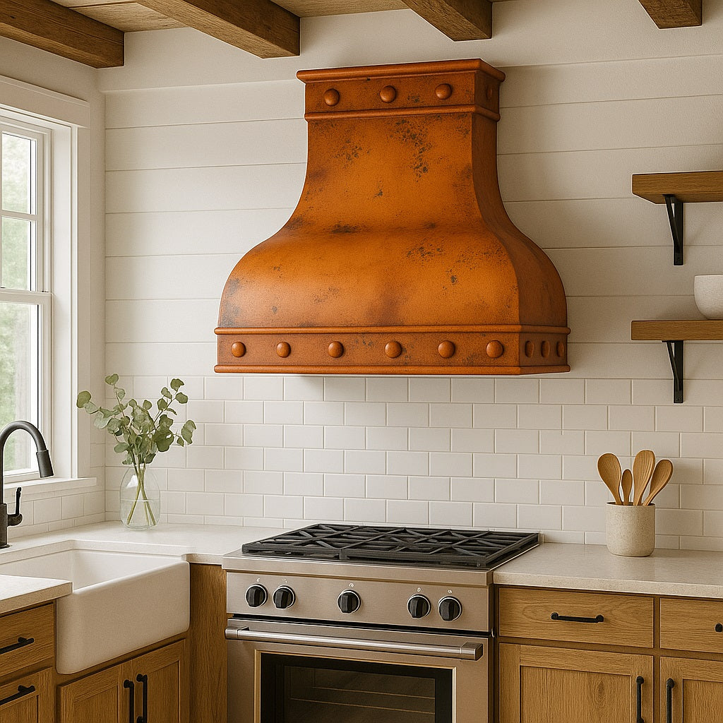 Distressed copper range hood with dome body and rivet accents in a rustic farmhouse kitchen