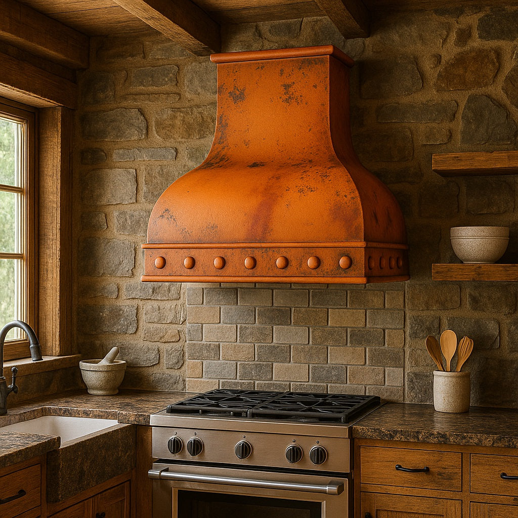 Distressed copper range hood with dome body and rivet accents in a hacienda style kitchen setting