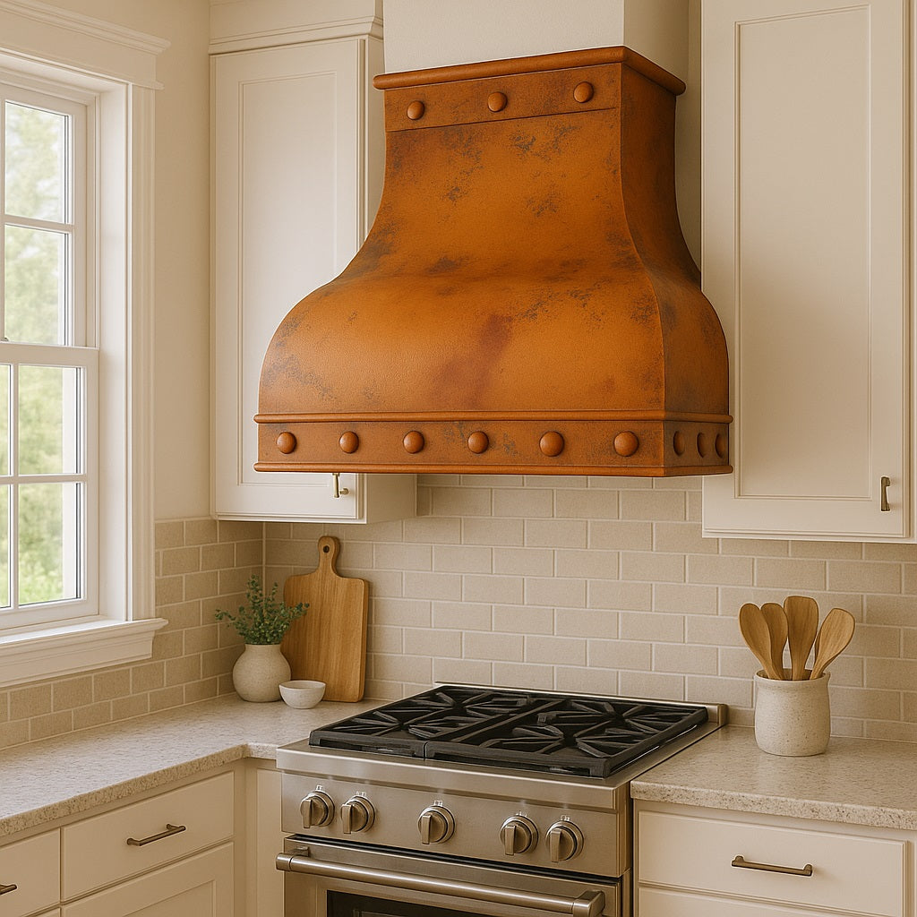 Distressed copper range hood with dome body and rivet accents in a traditional suburban style kitchen