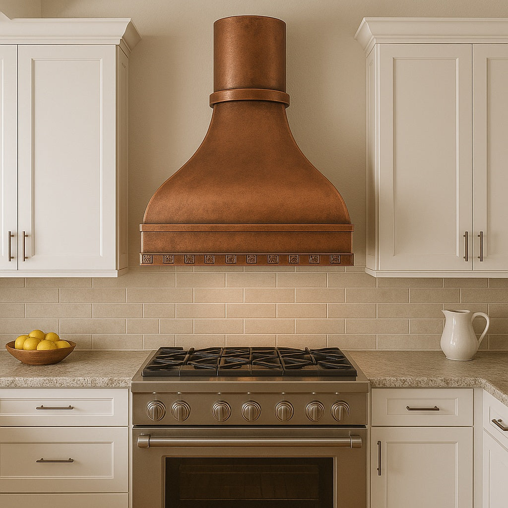 36-inch decorative domed copper range hood with a round chimney design