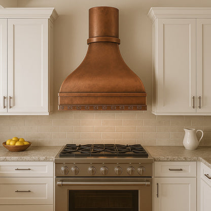 36-inch decorative domed copper range hood with a round chimney design