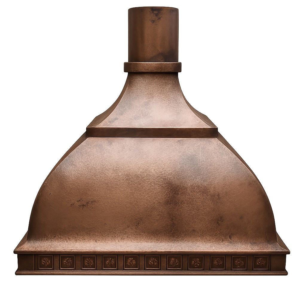Decorative domed copper range hood with a round chimney design, front view
