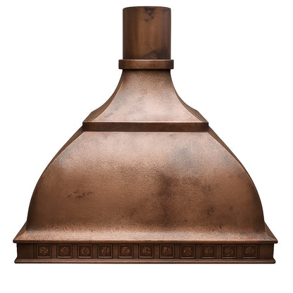 Decorative domed copper range hood with a round chimney design, front view