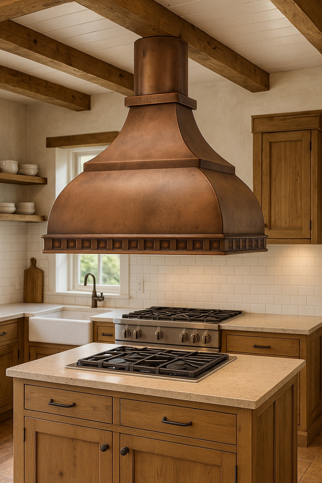 Decorative domed copper range hood with a round chimney design in a kitchen island configuration