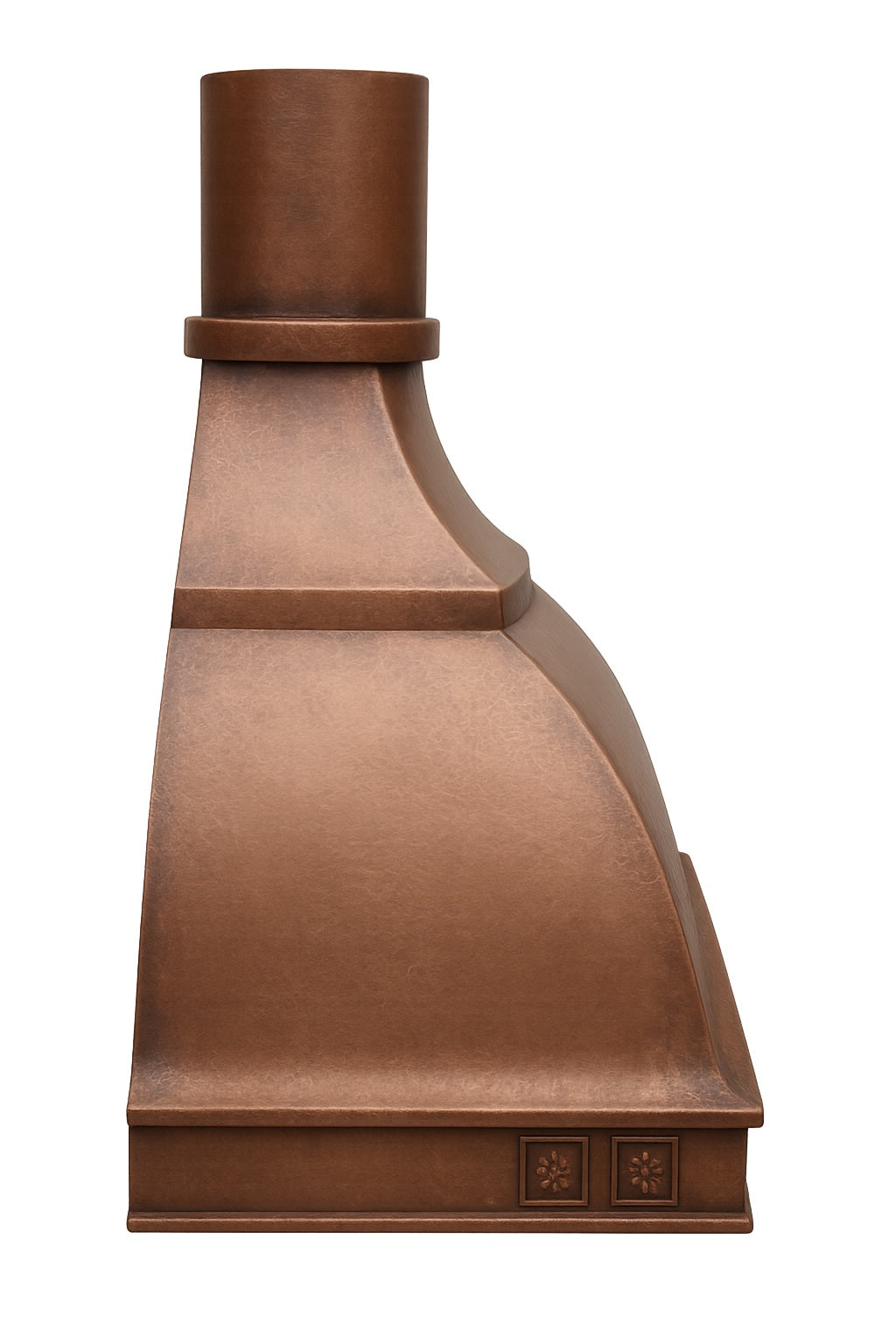 Decorative domed copper range hood with a round chimney design, side profile view