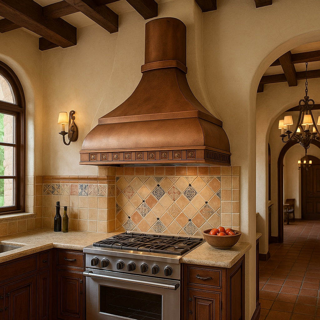 Spanish Revival kitchen furnished with a decorative domed copper range hood with a round chimney design